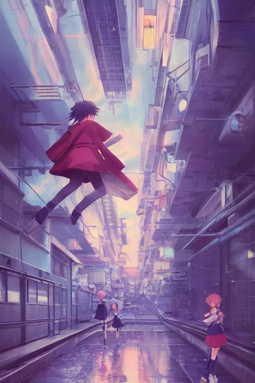 Image similar to 3d ultra realistic anime illustration, two schoolgirls and cat flying on huge japanese elevated subway at rainy night. deep and complex composition. pastel smooth colors. style of Hiro Kiyohara anime. redshift, octane, trending on artstation, cinematic, oil painting