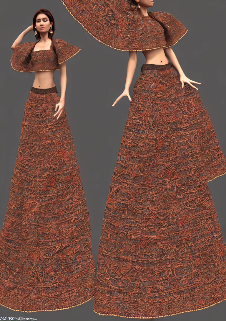 Prompt: cloths on mexican style, high detailed intricate fashion clothing, cotton texture, silk colors, ultra realistic, octane render, volumetric lights, long, wide skirts, loose - fitting blouses, elaborate hairstyles, and intricate embroidery, female cloths