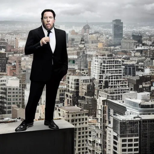 Image similar to Jon Favreau as clean-shaven Happy Hogan wearing a black suit and black necktie and black dress shoes is climbing up the side of a tall building in an urban city. The sky is filled with dark clouds and the mood is ominous.