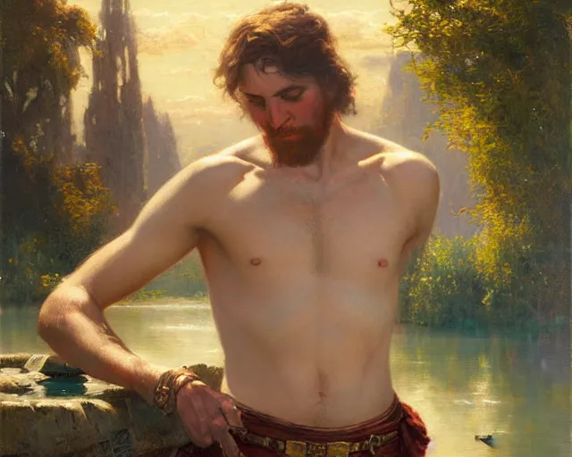 Image similar to attractive male wizard casting water spell in a beautiful lake. highly detailed painting by gaston bussiere, craig mullins, j. c. leyendecker 8 k