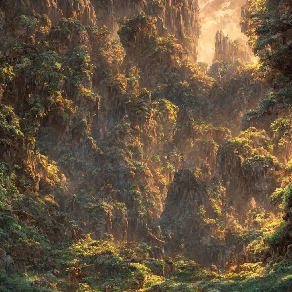 Prompt: beautiful painting of Entrance to a dungeon at the base of an ancient mountain in the morning light, in the middle of image a large dragon with wings spread, highly detailed, 8k in the style of Studio Ghibli, by Hayao Miyazaki. Octane Render, Unreal Engine, PBR, realistic lightning