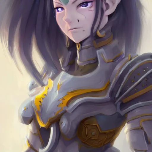 Image similar to a night elf girl with grey skin, yellow eyes and hair, ponytail, wearing armor, highly detailed, digital painting, artstation, matte, by makoto shinkai, animation style