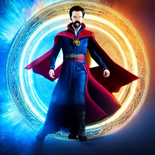 Prompt: full body pose, hyperrealistic photograph of doctor strange, dim volumetric lighting, 8 k, octane beautifully detailed render, extremely hyper detailed, intricate, epic composition, cinematic lighting, masterpiece, trending on artstation, very very detailed, stunning, hdr, smooth, sharp focus, high resolution, award, winning photo, dslr, 5 0 mm