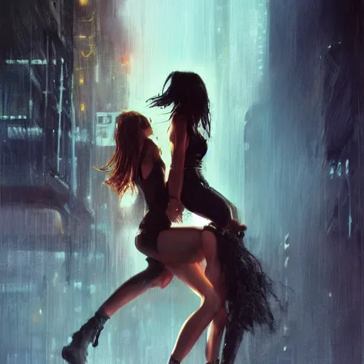 Image similar to bella thorne and megan fox dancing, hyperrealistic full figure, bladerunner street, art of elysium by jeremy mann and frank frazetta, fantasy art, photo realistic, dynamic lighting, artstation, full figure poster, volumetric lighting, very detailed face, 4 k, award winning