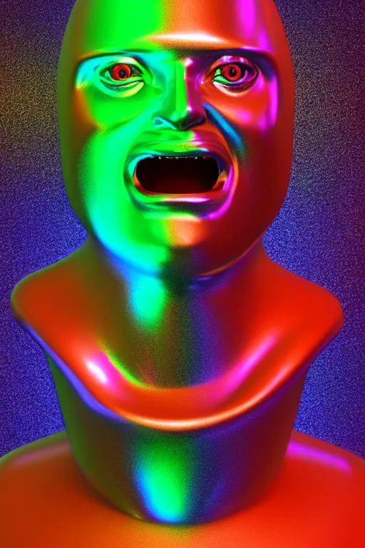 Image similar to 3d render of holographic angry human robotic screaming angry bust made of glossy iridescent, screaming, bust, surrealistic 3d illustration of a human non-binary, non binary model, 3d model human, cryengine, made of holographic texture, holographic material, holographic rainbow, concept of cyborg and artificial intelligence
