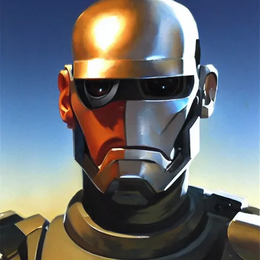 Prompt: greg manchess portrait painting of peter weller combined with the robocop as overwatch character, medium shot, asymmetrical, profile picture, organic painting, sunny day, matte painting, bold shapes, hard edges, street art, trending on artstation, by huang guangjian and gil elvgren and sachin teng