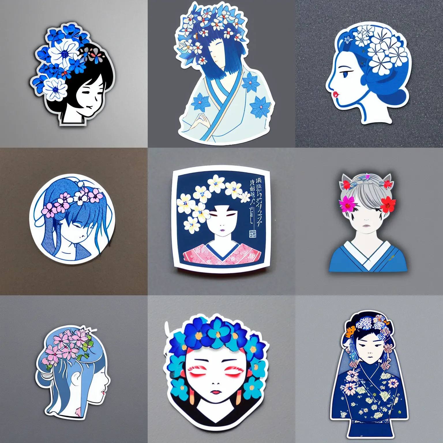 Prompt: catroon die cut sticker of japaneese woman with blue flower in her hair with white border on gray background