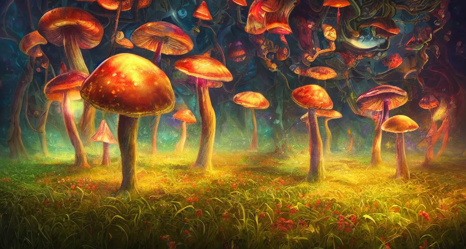 Image similar to a beautiful painting of trippy mushrooms by Tokio Aoyama, Mario Martinez, David Normal. photorealistic, trending on artstation, dramatic lighting, 8K, fantasy beautiful, surreal, cinematic.