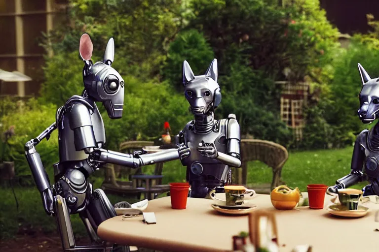 Image similar to film still from the movie chappie of the robot chappie shiny metal outdoor park plants garden scene bokeh depth of field several figures sitting down at a table having a tea party furry anthro anthropomorphic stylized cat ears wolf muzzle head android service droid robot machine fursona