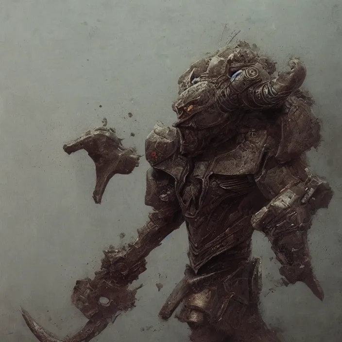 Image similar to minotaur in ancient armor, muscular body, beksinski, ruan jia, trending on artstation