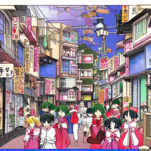 Image similar to a neighborhood in japan in the style of a Naoko Takeuchi manga