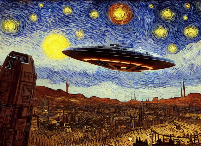 Prompt: a singular spaceship taking off seen from the surface of a metropolis city, star wars, digital art, trending on art station, in the art style of vincent van gogh starry night