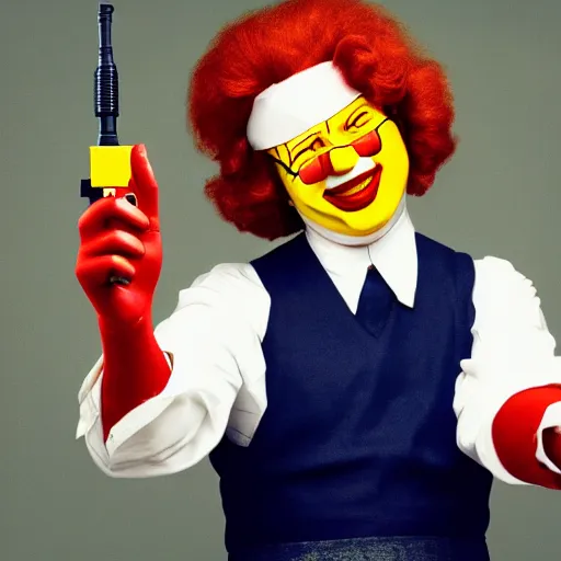 Image similar to Ronald Mcdonald pointing a gun at the camera