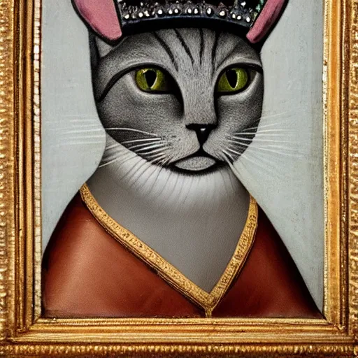 Prompt: a renaissance portrait painting of a grey cat, wearing a crown and cape, dark background,