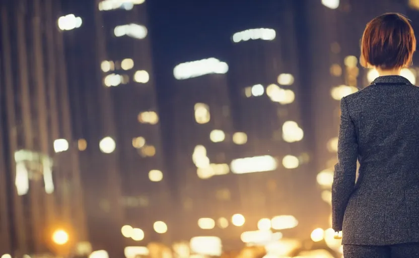 Image similar to a wide shot of a woman with a wool suit, short hair, blurred face, from the back, in front of a crowded dystopian city at night with cyberpunk lights