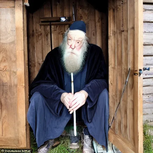 Image similar to Dumbledore sitting in an outhouse with a cigarette in his mouth, selfie