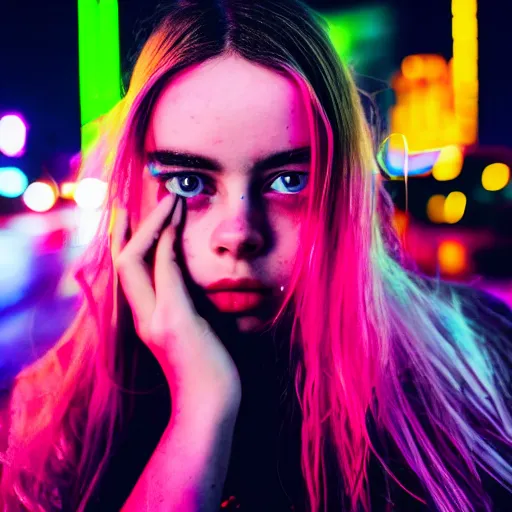 Prompt: billie eilish girl in the street, explosion of neon lights, close up, 5 0 mm lens, model photography detailed realistic