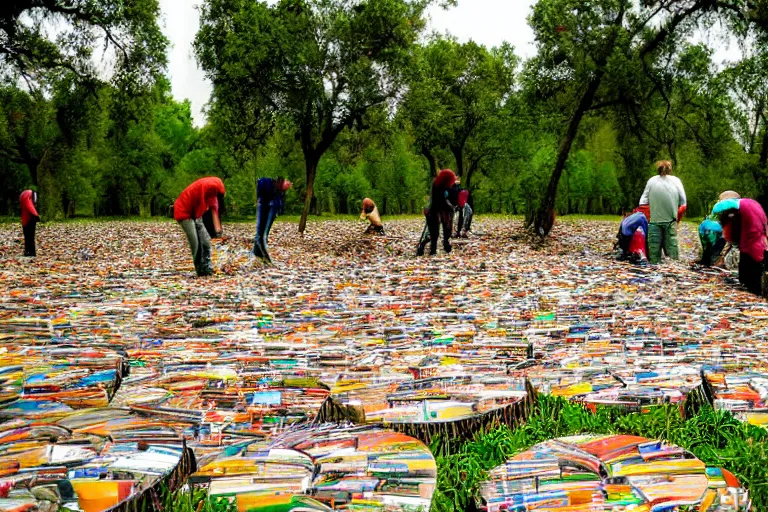 Image similar to sugondese people sorting a giant pile of compact discs within a tree nut field