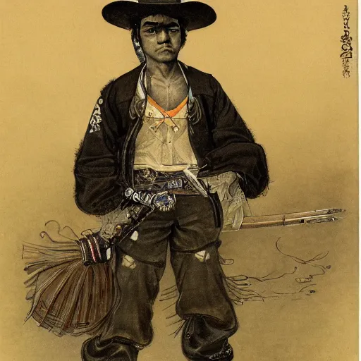 Prompt: mexican vaquero, yoshitaka amano character design, late 1 9 th century