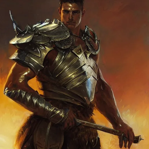 Image similar to a fierce and muscular male warrior in full armor, muscular, handsome, fantasy character portrait by greg rutkowski, gaston bussiere, craig mullins, simon bisley