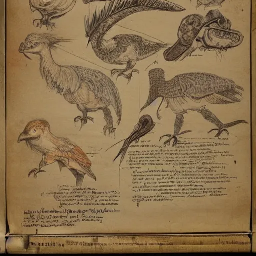 Prompt: vintage parchment with a sketch of a group of feathered dinosaurs with full descriptions, 8K, HD, highly detailed, high quality