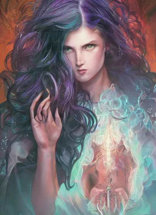 Image similar to book frontcover, side portrait, dark witch with black hood and evil eyes, realism, soft, smooth, luminescent, art nouveau tarot, backlit glow, colorful swirly ripples, gaudy colors, aesthetic octane render, unreal engine, 8 k, by artgerm, greg rutkowski, alphonse mucha