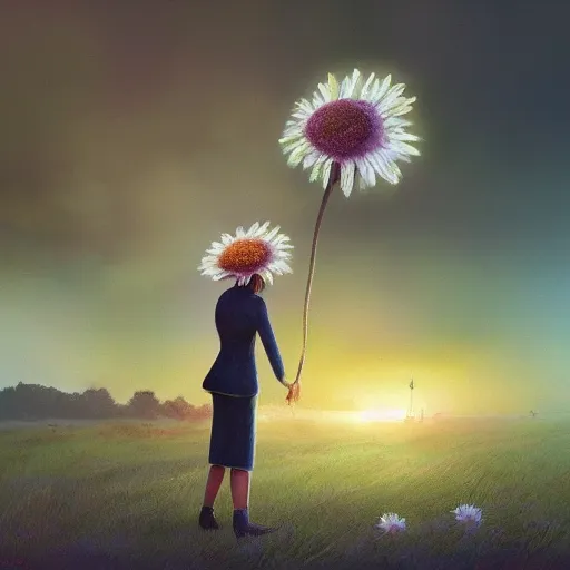 Prompt: giant daisy flower uber head, frontal, a girl in a suit, surreal photography, sunrise, dramatic light, impressionist painting, digital painting, artstation, simon stalenhag