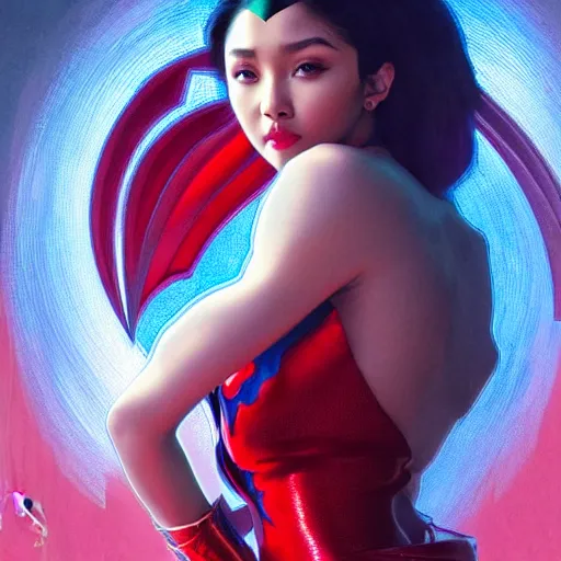 Image similar to nadine lustre as darna, volumetric lights, red and cyan theme, art nouveau botanicals, intricate, highly detailed, digital painting, artstation, concept art, smooth, sharp focus, cinematic, illustration, beautiful face, art by artgerm and greg rutkowski and alphonse mucha