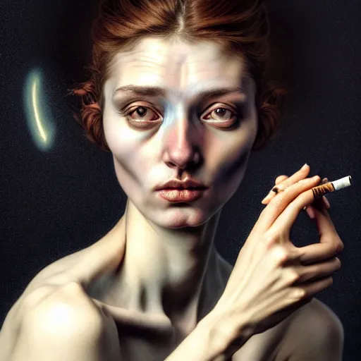 Image similar to Colour Caravaggio style Photography of Beautiful woman with highly detailed 1000 years old face wearing higly detailed sci-fi halo above head designed by Josan Gonzalez. Woman holding cigarette in between fingers , Many details . In style of Josan Gonzalez and Mike Winkelmann andgreg rutkowski and alphonse muchaand Caspar David Friedrich and Stephen Hickman and James Gurney and Hiromasa Ogura. volumetric natural light