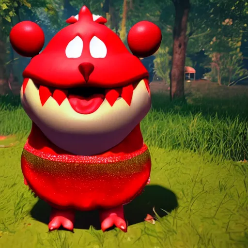 Image similar to chubby fat monster, red scales ,cute, sparkle eyes, photorealistic, wearing skirt, 4k, unrealengine,