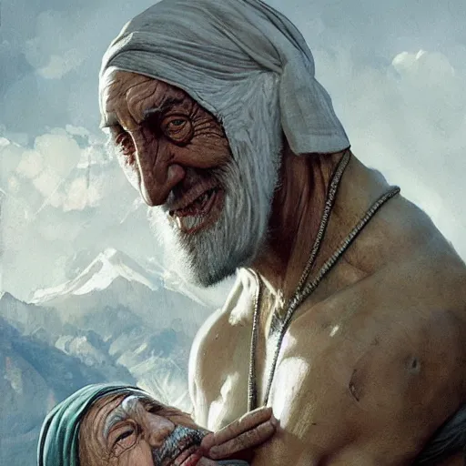 Prompt: a hyper realistic painting of mother theresa and hulk hogan, by greg rutkowski and santiago caruso,