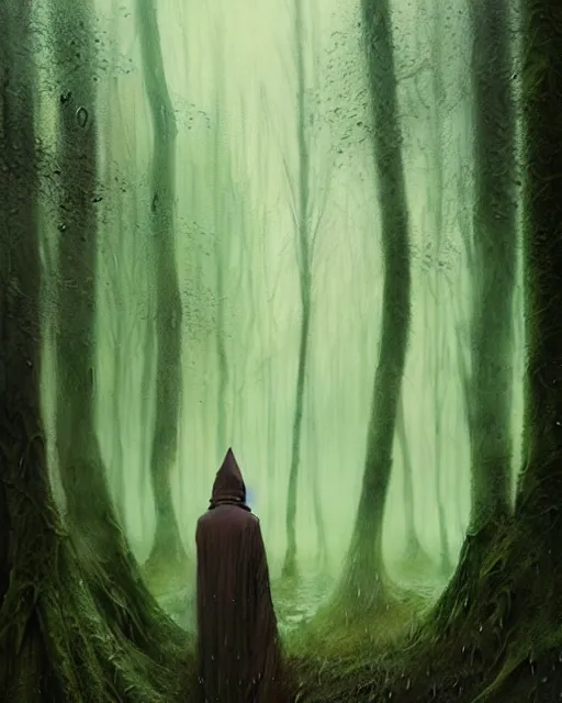 Image similar to portrait Green hooded jacket coat Hunter man elf, long-haired At the rainy forest, ambush, movie still By greg rutkowski, tom bagshaw, beksinski