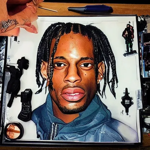 Image similar to “ travis scott action figure concept art, chest cam perspective, actually good ”
