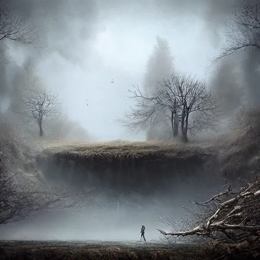 Prompt: michal karcz grunge painting of a beautiful landscape. , creepy theme, detailed, elegant, intricate, 4k,