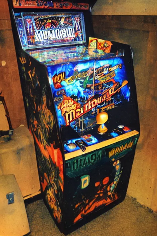 Image similar to vintage pinball machine, arcade cabinet, mugwum, phantom, nightmare, 1 9 7 0 s, polaroid photo