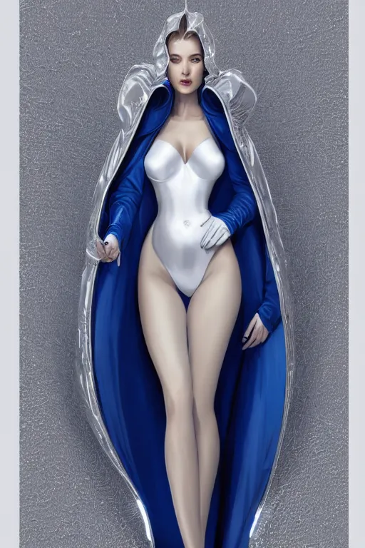 Image similar to detailed beautiful noun in opened white gold blue coat, seductive confident pose, attractive feminine curves, intricate details, futuristic, alien, elegant cape, elegant, photorealism, trending on artstation, holy halo, advanced technology, art by moebius and vitaly bulgarov and chanthara