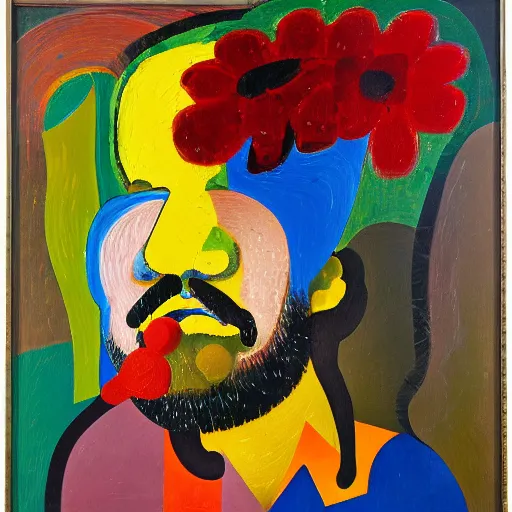 Image similar to man pouring water on head, flowers are in a pot on his head, the pot is part of his head, abstract expressionism, oil on canvas