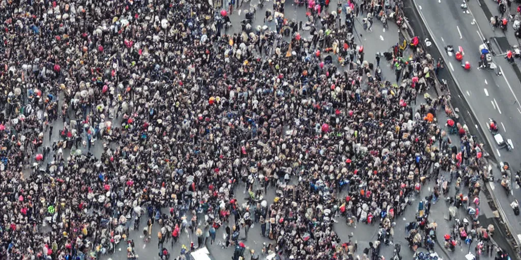 Image similar to million of people rioting on the streets, aerial view, wide angle