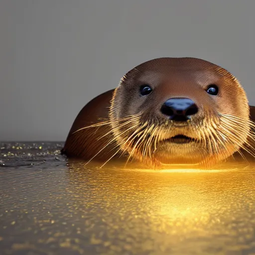 Image similar to river otter wearing crown surrounded by gold, expression, photo realistic, dramatic cinematic lighting, octane render, 4k, ultra detailed