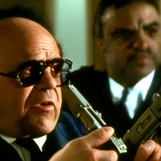 Image similar to Danny DeVito in Scarface holding M16, cinematic, sharp focus, movie still, atmospheric, Action scene, 8k,