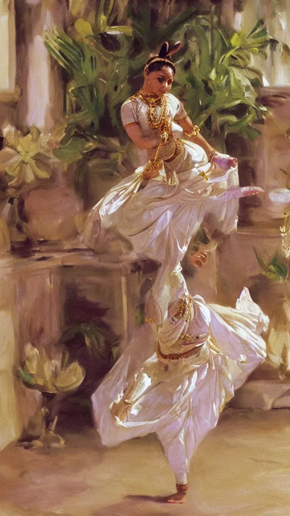 Prompt: a rabbit doing bharatanatyam in botanical room by john singer sargent, cinematic, detailed