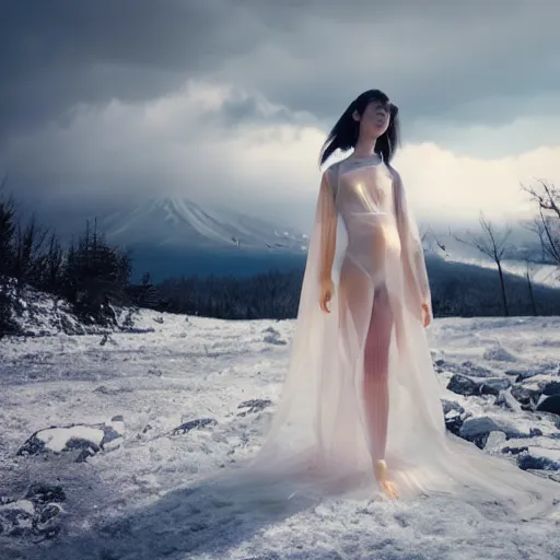 Image similar to a instax photo of fuji mountain, a tall japanese girl in a transparent sheer fabric dress against the background of fuji mountain, severe snow, full body shot, perfect symmetrical body, perfect symmetrical face, coherent symmetrical eyes, by peter kemp, by monia merlo, hyperrealistic, hyperdetailed, octane render, 8 k