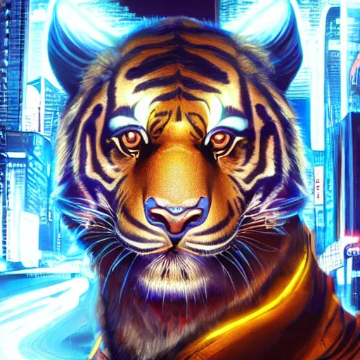 Image similar to a beautfiul award winning commission portrait of an anthro tiger in the neon cyberpunk city at night,wearing a leather jacket,glow effect,detailed face,photorealistic,character design by charles bowater,ross tran,deviantart,artstation,digital art,hyperdetailed,realistoc,western comic style,vfx,dramatic