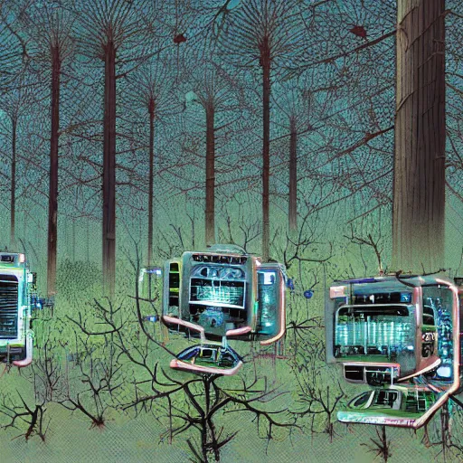 Image similar to a cybernetic ecology. joined back to nature, all watched over by machines of loving grace. a cybernetic forest filled with pines and electronics where deer stroll peacefully past computers as if they were flowers with spinning blossom