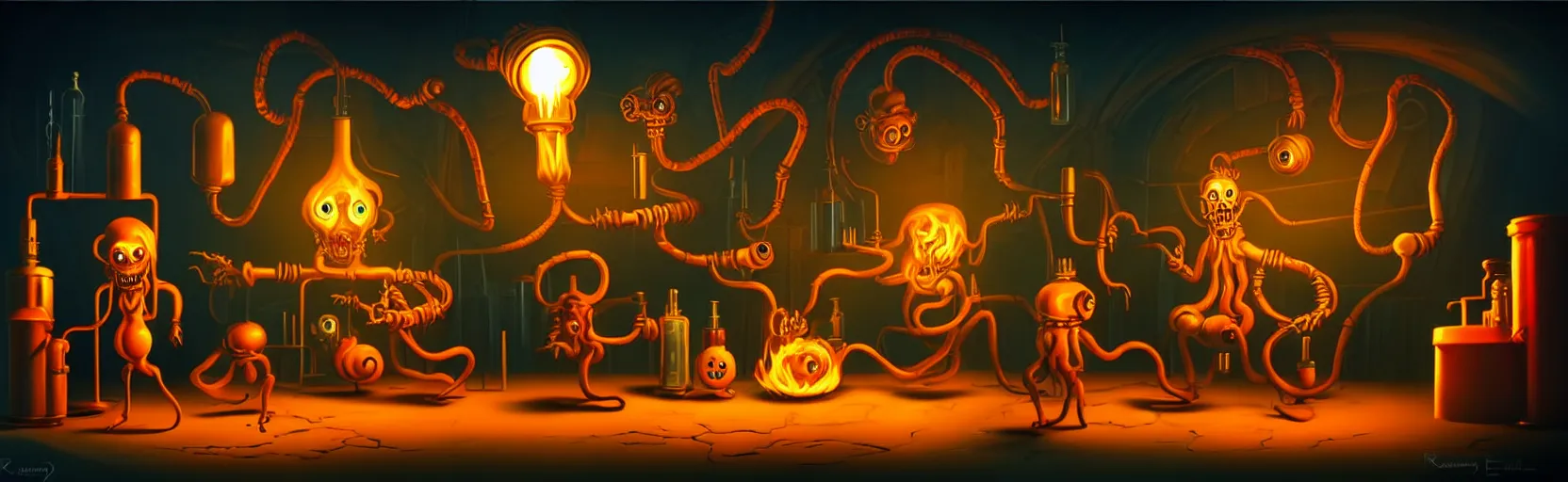 Image similar to uncanny alchemist monsters in a fiery alchemical lab, dramatic lighting, surreal 1 9 3 0 s fleischer cartoon characters, surreal painting by ronny khalil