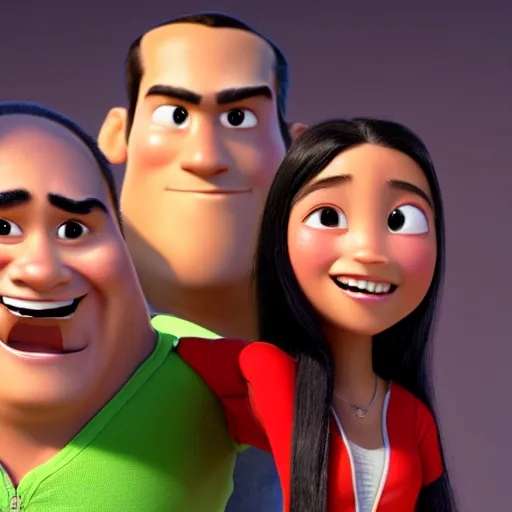 Image similar to young beautiful athletic Filipino woman with long hair and a handsome caucasian athletic thin man with short buzzed hair, high widows peak, stubble on his face, both depicted as Pixar characters, high quality cg render