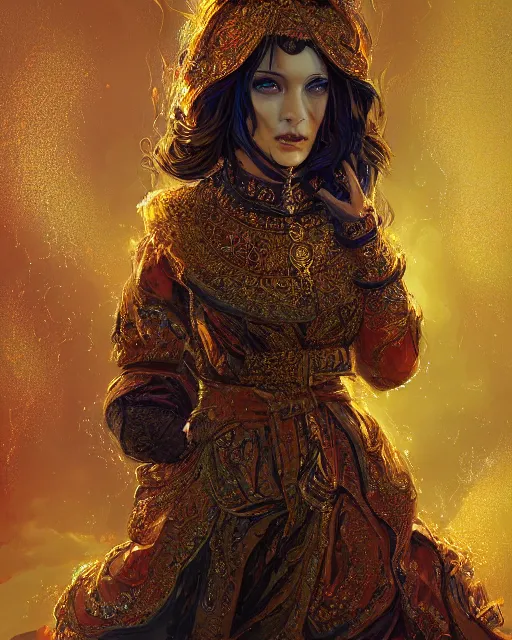 Prompt: a highly detailed portrait of beautiful female pyromancer radiating a majestic fiery aura, ornate royal robes, head and shoulders portrait, intricate, digital painting, old english, raining, sepia, particles floating, whimsical background by marc simonetti, artwork by ramond swanland and liam wong