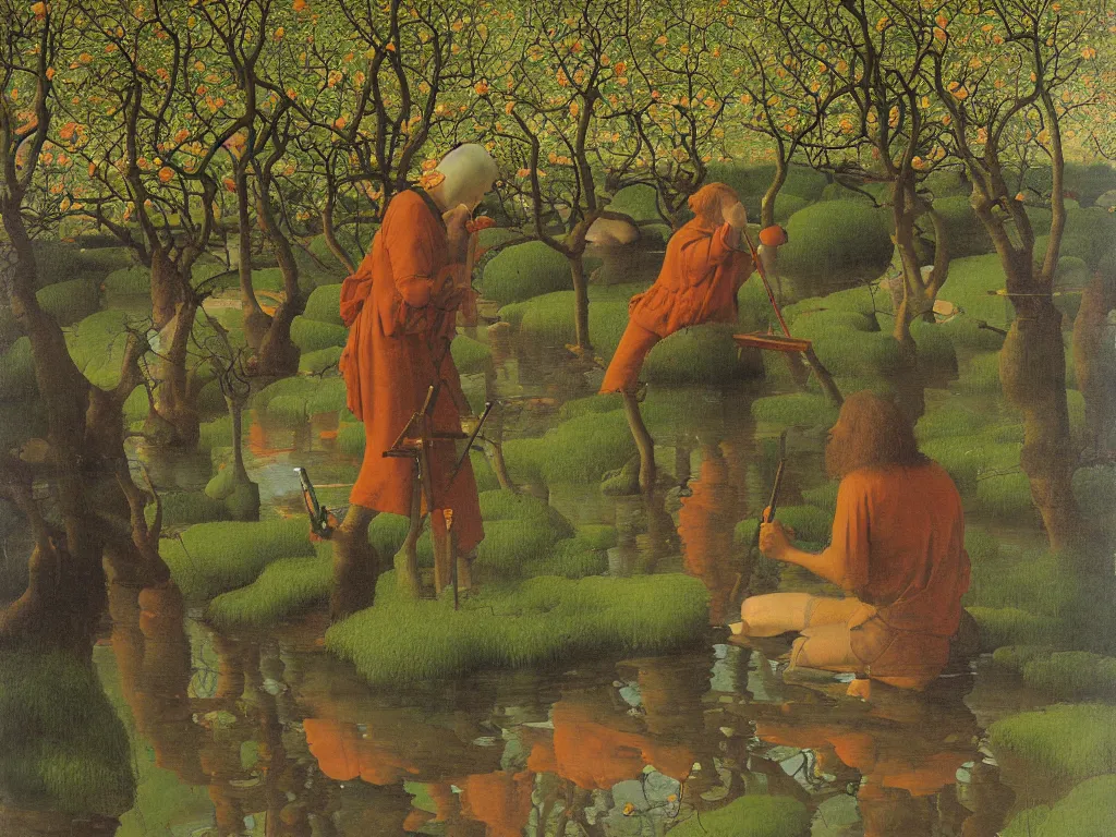 Image similar to Portrait of an artist painting at his easel knee deep in a river. Humanoid rocks, coral-like pebbles, spring orchard in bloom. Painting by Jan van Eyck, Georges de la Tour, Rene Magritte, Jean Delville, Max Ernst, Beksinski