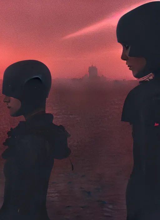 Image similar to cinestill 5 0 d photographic portrait of two loving female androids wearing rugged black techwear on a desolate plain with a red sky in front of a brutalist structure, extreme closeup, cyberpunk style, dust storm, 8 k, hd, high resolution, 3 5 mm, f / 3 2, ultra realistic faces, ex machina