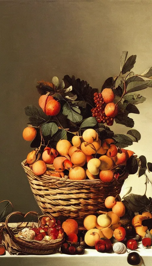 Image similar to hyperrealistic still life painting of Donald Trump with a basket of fruit by Caravaggio, botanical print